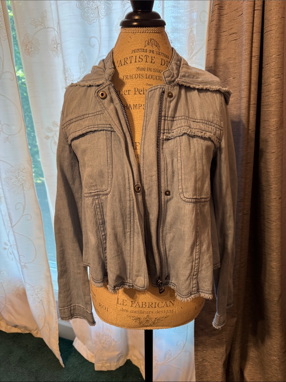 Free People Washed Light Gray Hooded Jean Jacket